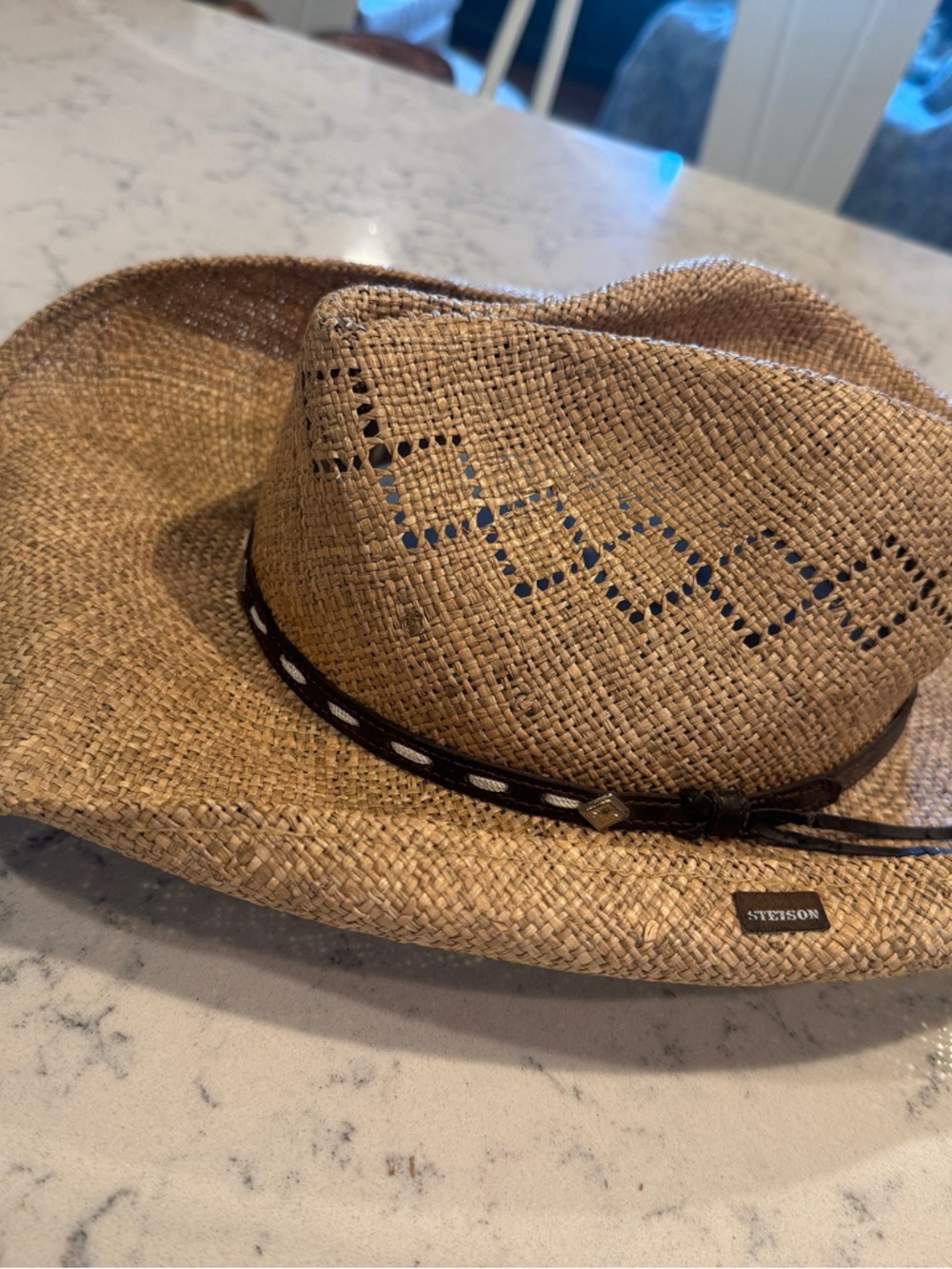 Stetson Tan Straw Western Hat with Brown Leather Band